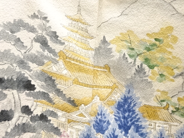 JAPANESE KIMONO / ANTIQUE KIMONO / SILK / SCENERY OF PAGODA